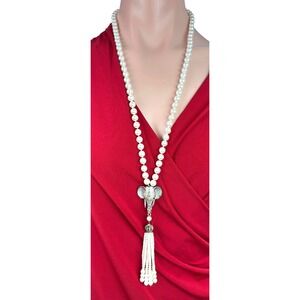 Faux Pearl Necklace with Elephant Micro Pave with Faux Pearl Tassels